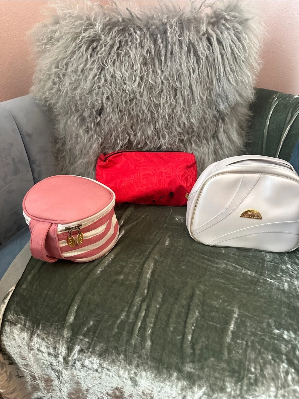 Dior Vintage Makeup Bag Lot 3 Striped Red Monogram